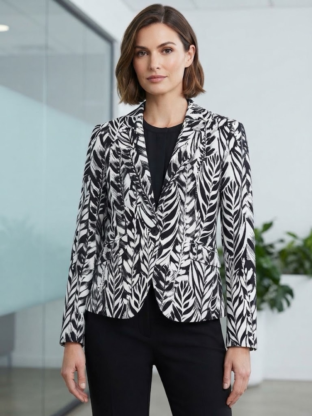 🌿 Nine West Black & White Tropical Leaf Blazer – Size 10 ✨ EUC Modern Office